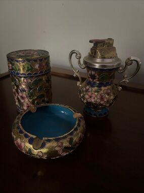 Cloisonné Floral Decorative Accent Set in Gold and Blue